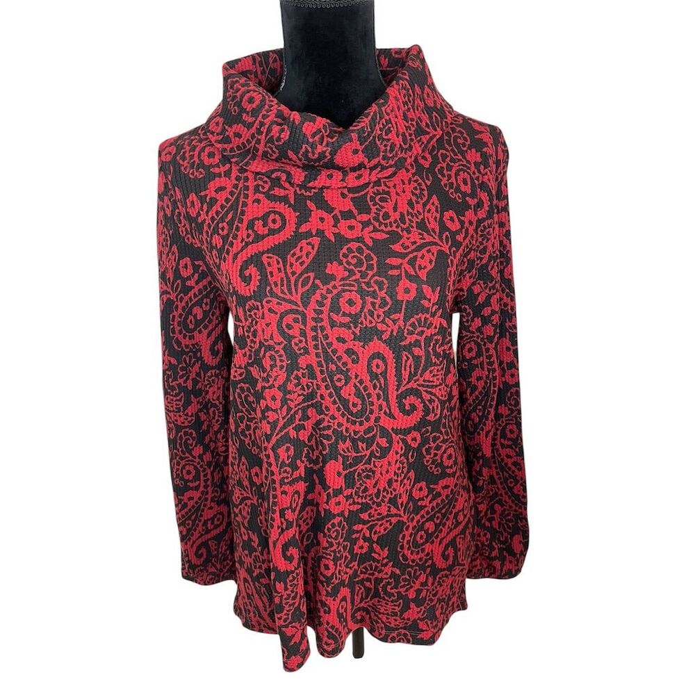 Soft Surroundings Women's S Red Paisley Cowl Neck Long Sleeve Sweater Size S‎